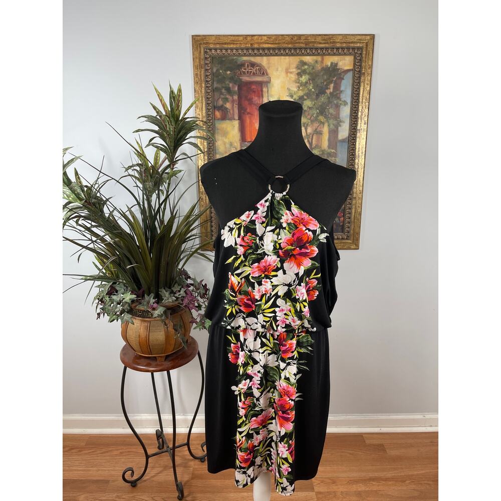 White House Black Market Large Black Multi Floral Halter Strappy Maximalist Chic